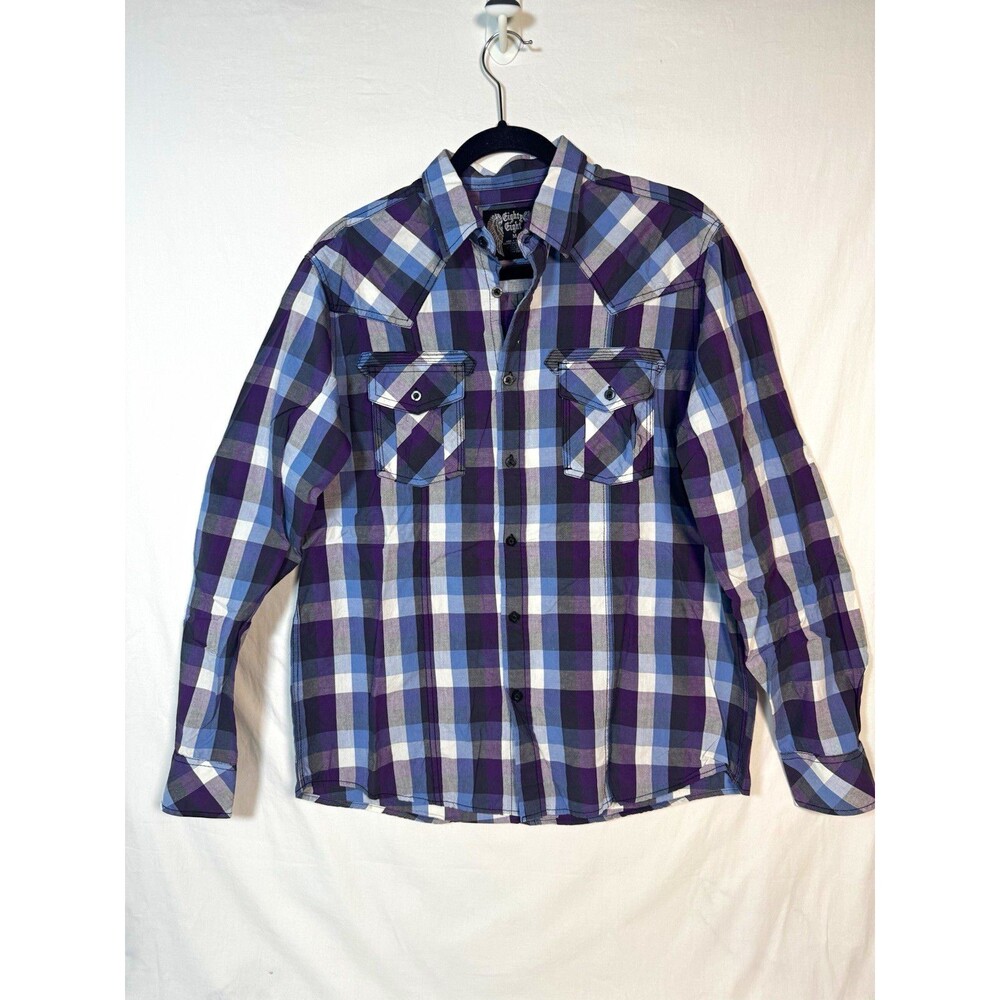 Eighty Eight Men's M Purple Blue Plaid Cotton Button-Up Shirt Pockets